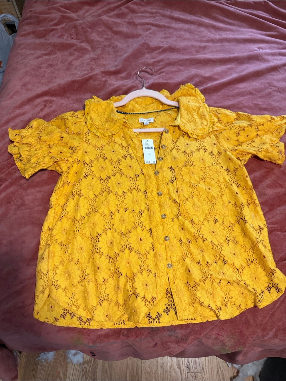 Anthropologie Pilcro Yellow Lace Button-Down Blouse - Size Small